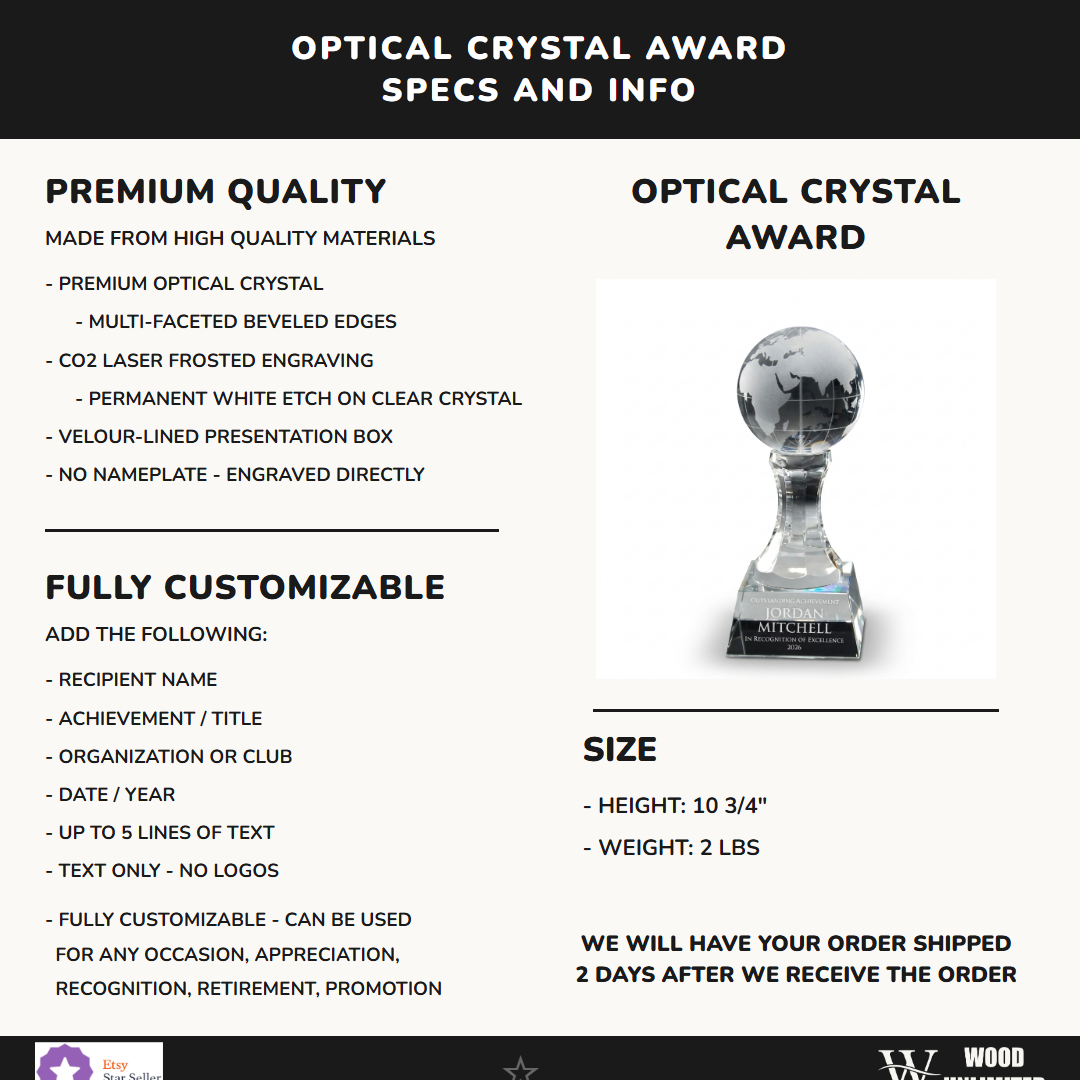 Specifications for the personalized Globe crystal award — materials, engraving, and features