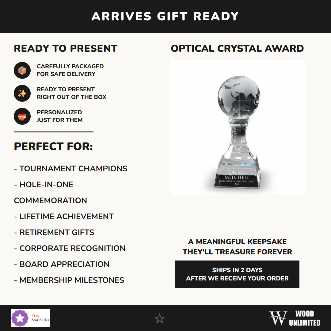 Gift-ready personalized Globe crystal award, perfect for ceremonies, retirements, and corporate recognition