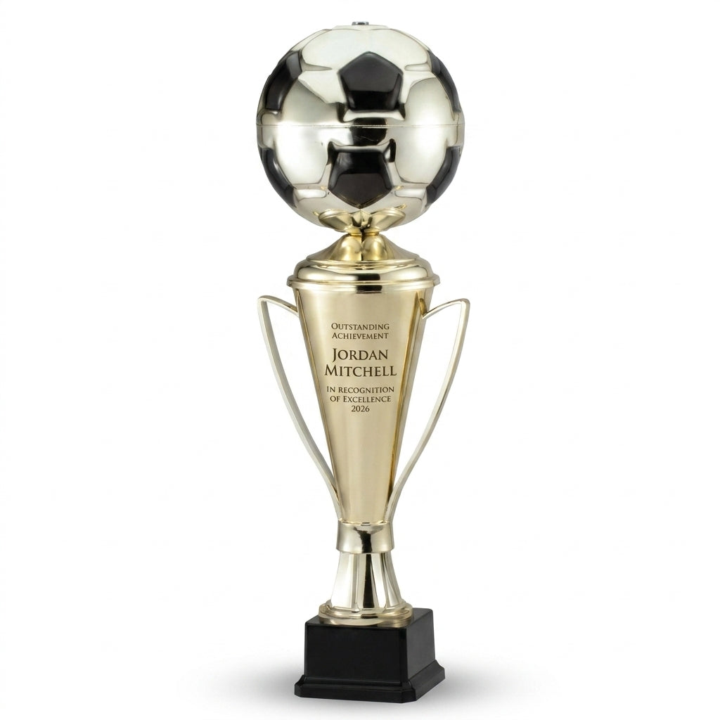 Personalized Gold Cup With Soccer Ball On Elegant Black Synthetic Base cup trophy, custom laser engraved recognition award on a clean white studio background