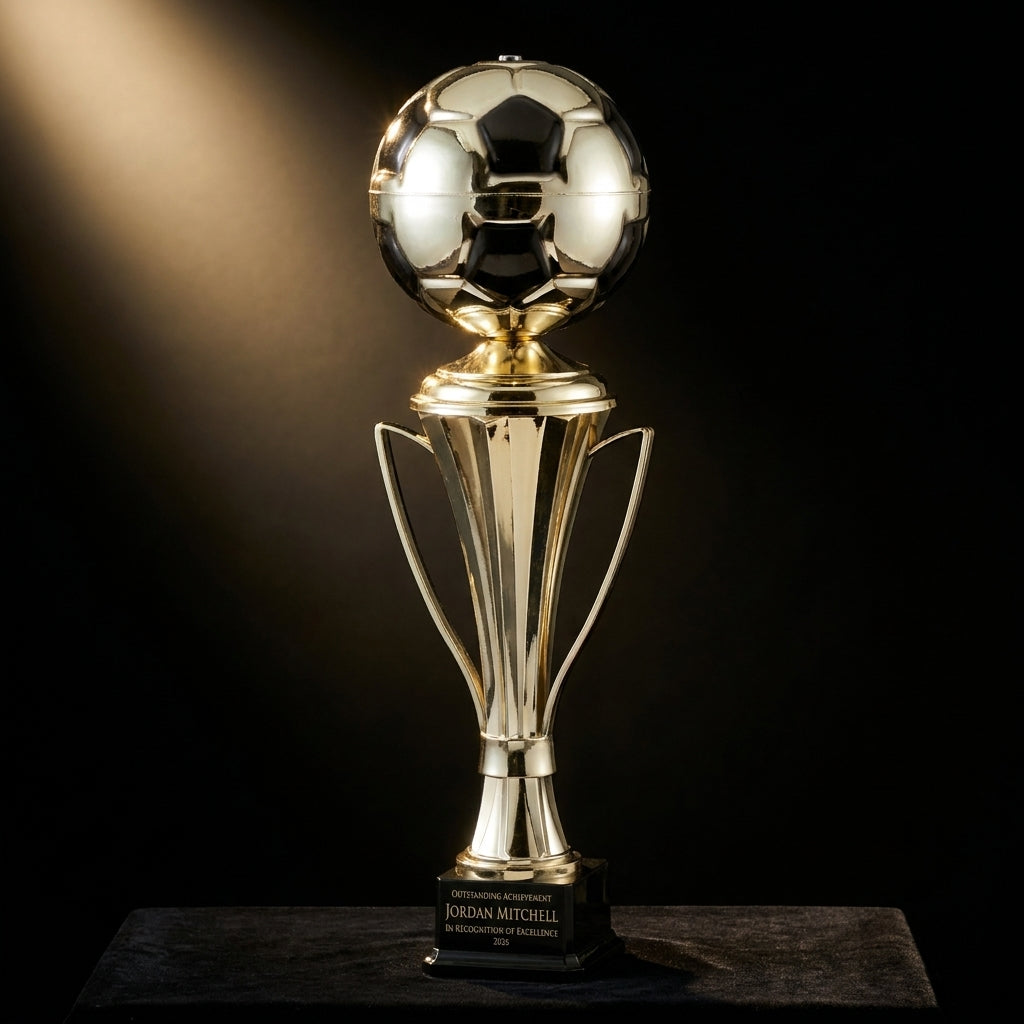 Personalized Gold Cup With Soccer Ball On Elegant Black Synthetic Base cup trophy on black velvet under awards-ceremony spotlight, engraved champion and lifetime achievement award