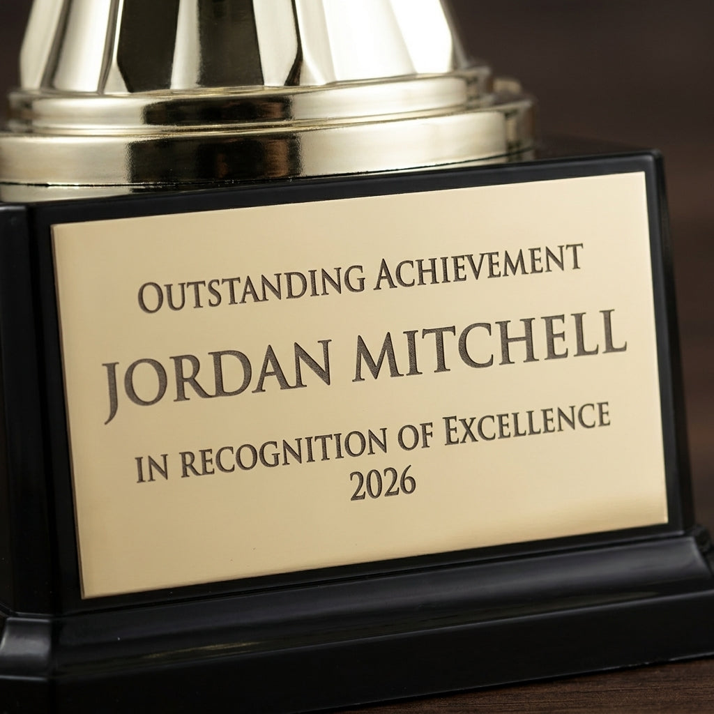 Close-up of the custom laser engraving on a personalized Gold Cup With Soccer Ball On Elegant Black Synthetic Base cup trophy, showing crisp permanent personalization