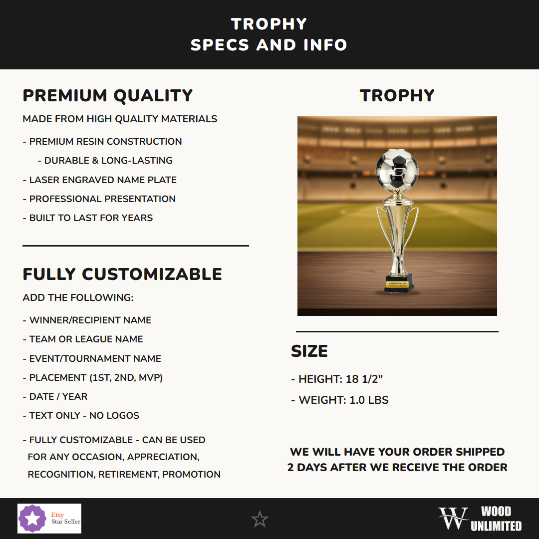 Specifications for the personalized Gold Cup With Soccer Ball On Elegant Black Synthetic Base cup trophy — materials, engraving, and features