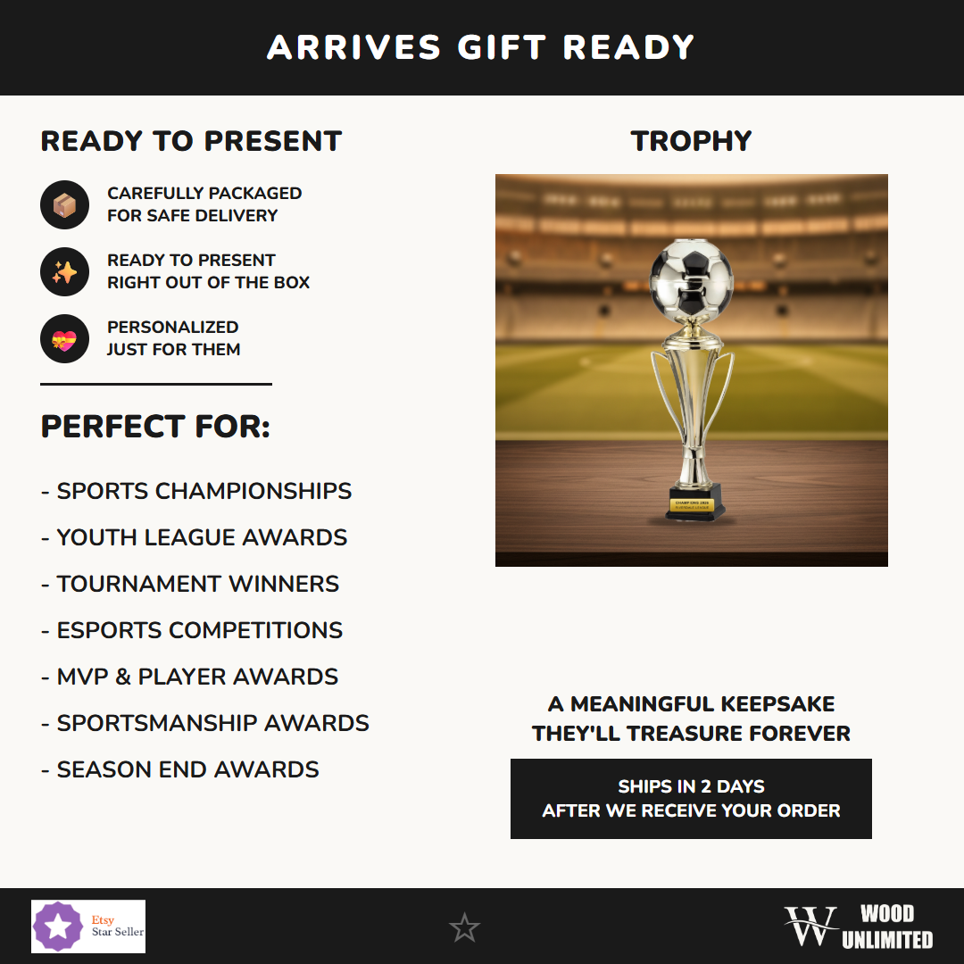 Gift-ready personalized Gold Cup With Soccer Ball On Elegant Black Synthetic Base cup trophy, perfect for ceremonies, retirements, and corporate recognition