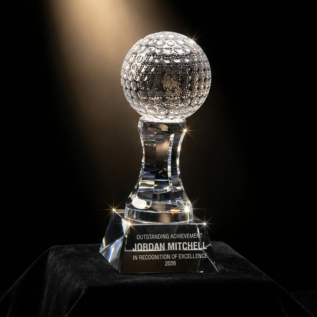 Personalized Golf Ball crystal award on black velvet under awards-ceremony spotlight, engraved champion and lifetime achievement award