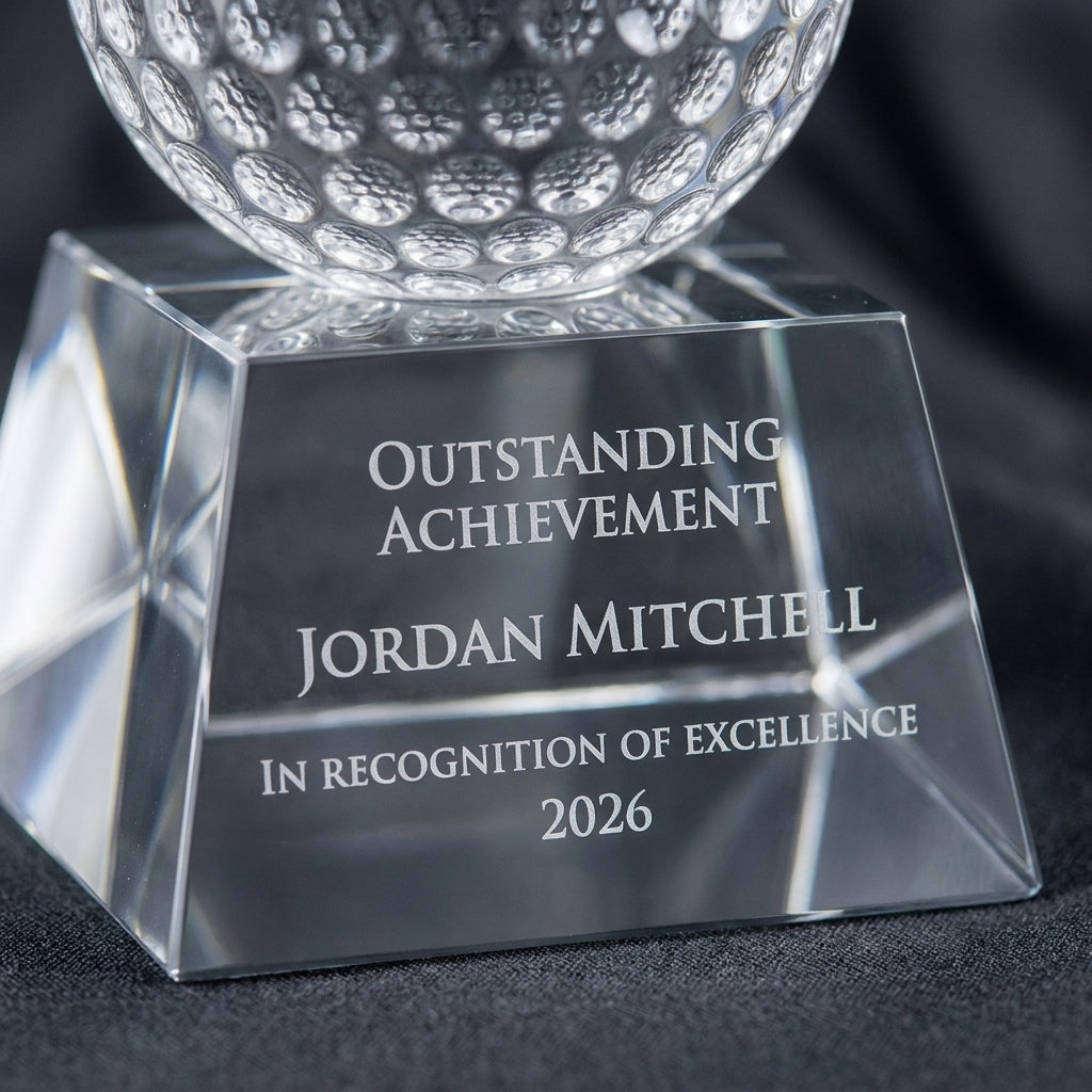 Close-up of the custom laser engraving on a personalized Golf Ball crystal award, showing crisp permanent personalization