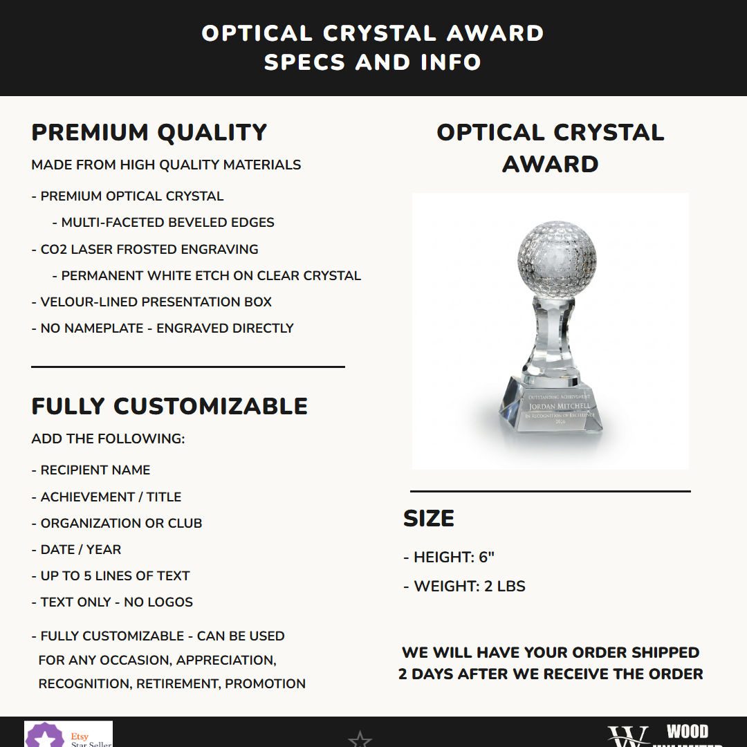 Specifications for the personalized Golf Ball crystal award — materials, engraving, and features