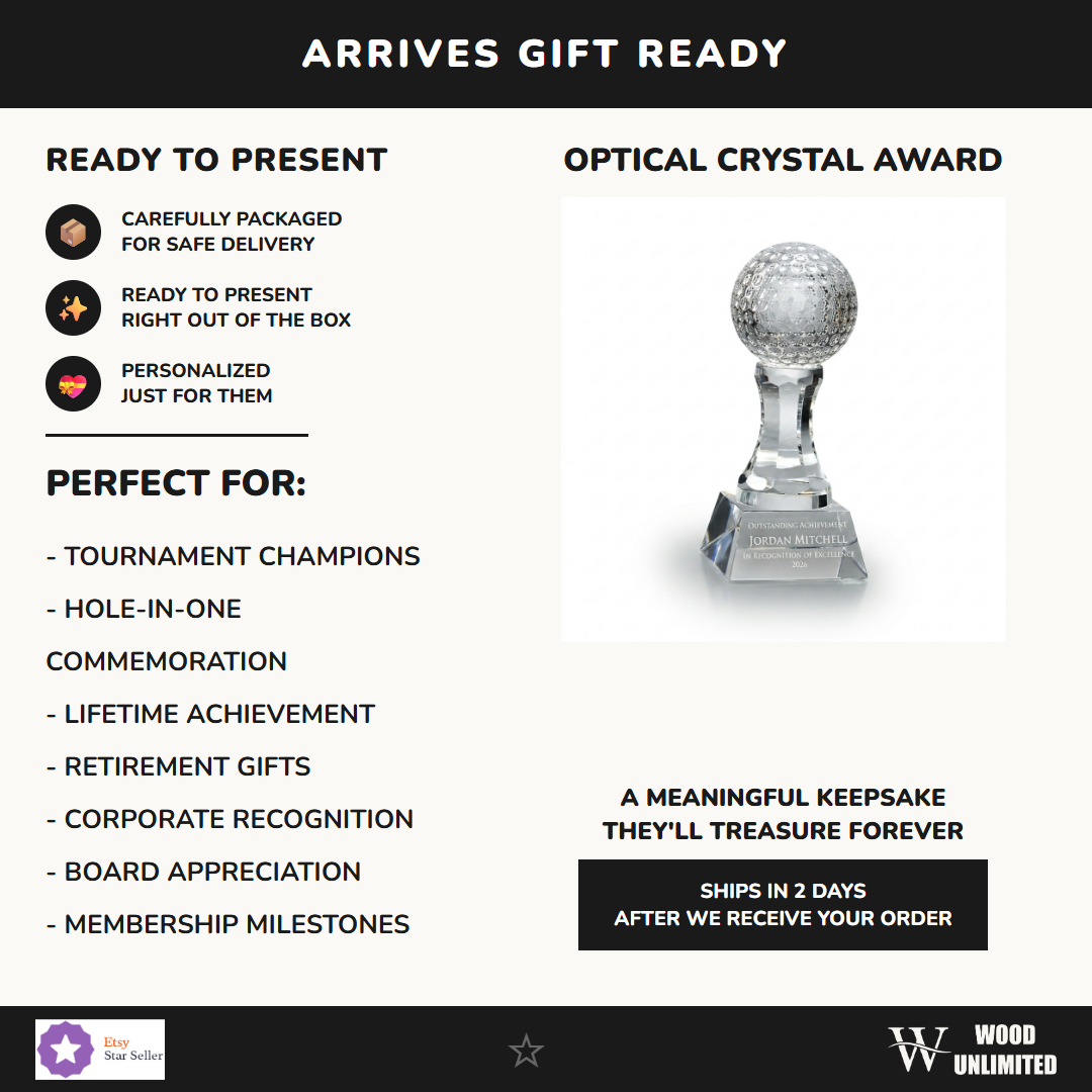 Gift-ready personalized Golf Ball crystal award, perfect for ceremonies, retirements, and corporate recognition