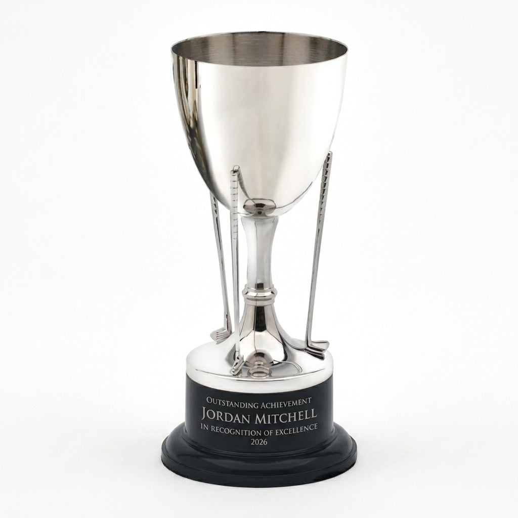 Personalized Golf Cup On Stand Nickel Plated cup trophy, custom laser engraved recognition award on a clean white studio background
