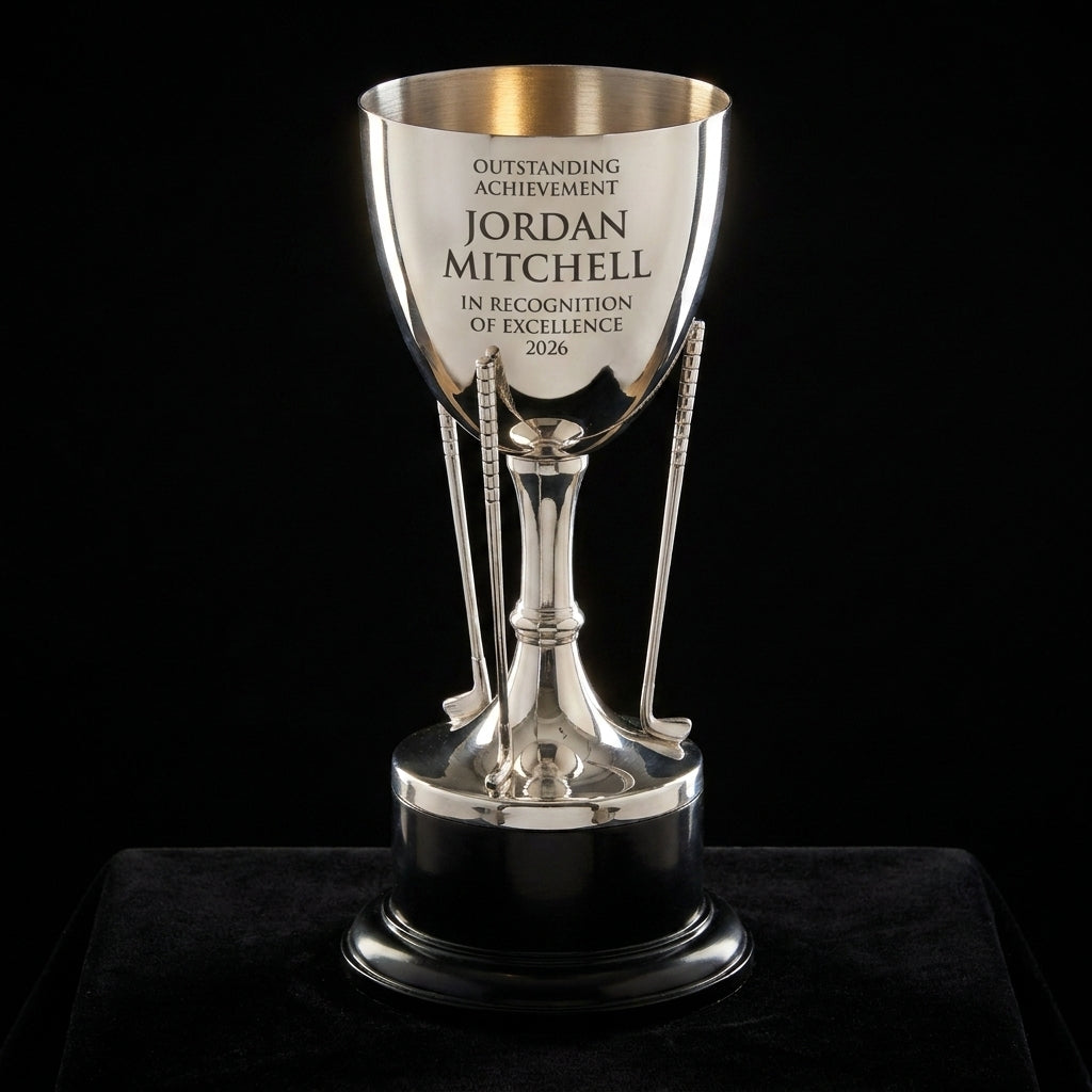Personalized Golf Cup On Stand Nickel Plated cup trophy on black velvet under awards-ceremony spotlight, engraved champion and lifetime achievement award