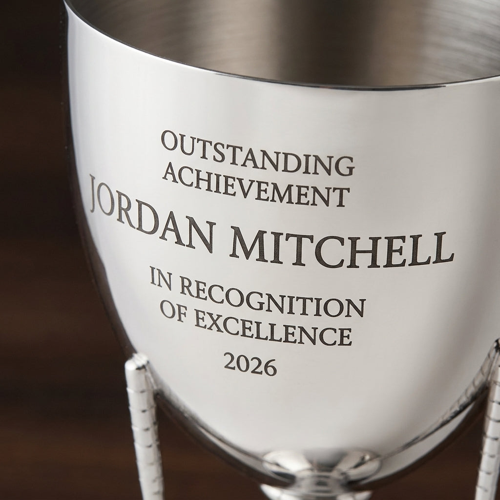 Close-up of the custom laser engraving on a personalized Golf Cup On Stand Nickel Plated cup trophy, showing crisp permanent personalization