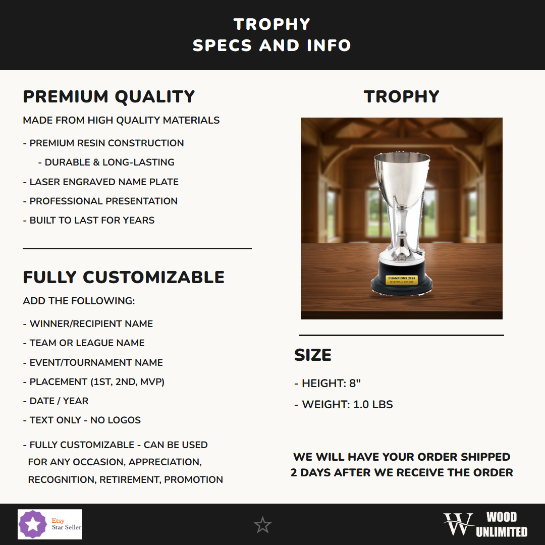 Specifications for the personalized Golf Cup On Stand Nickel Plated cup trophy — materials, engraving, and features