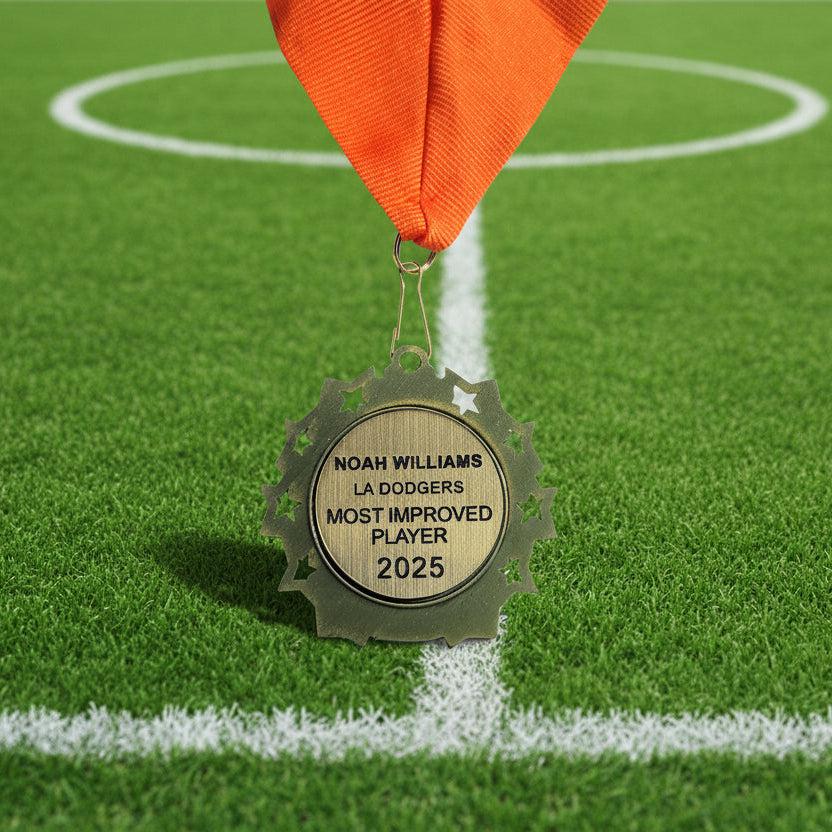 Set of golf medal awards with colored neck ribbons for competitions, tournaments, and championship events