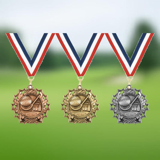 Personalized golf medal in gold, silver, and bronze with custom engraved text and neck ribbon