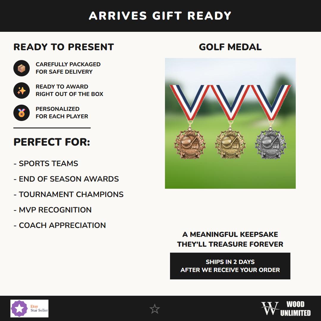 Golf medal with laser-engraved personalization, ideal gift for winners, competitors, and event champions