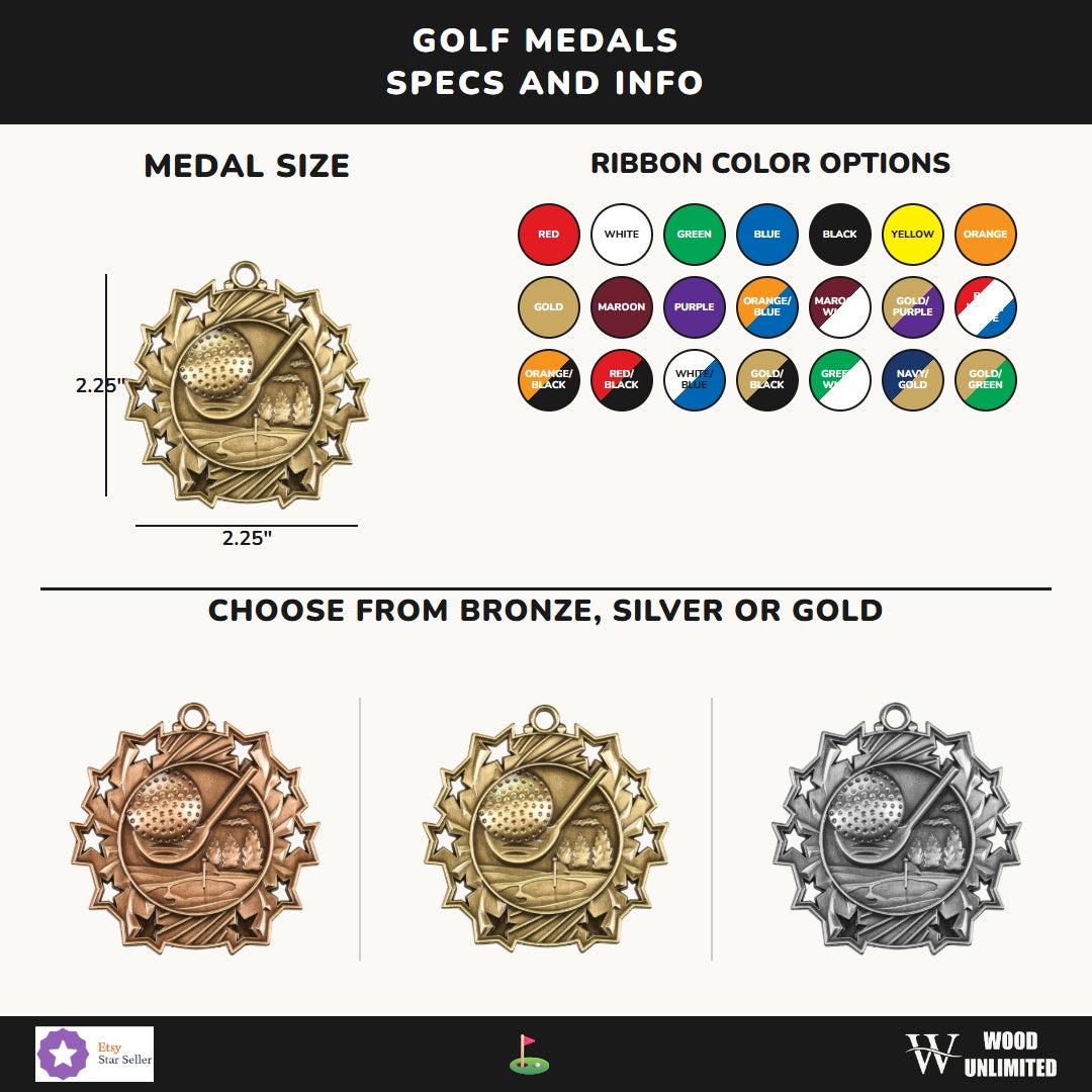 Close-up of custom engraved golf medal showing personalized text and polished finish