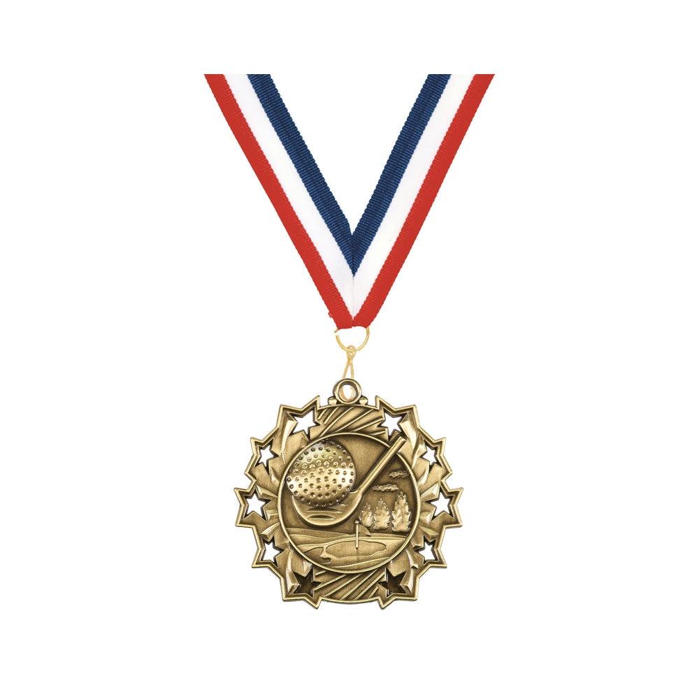 Golf medal specifications showing size, material, ribbon colors, and engraving options