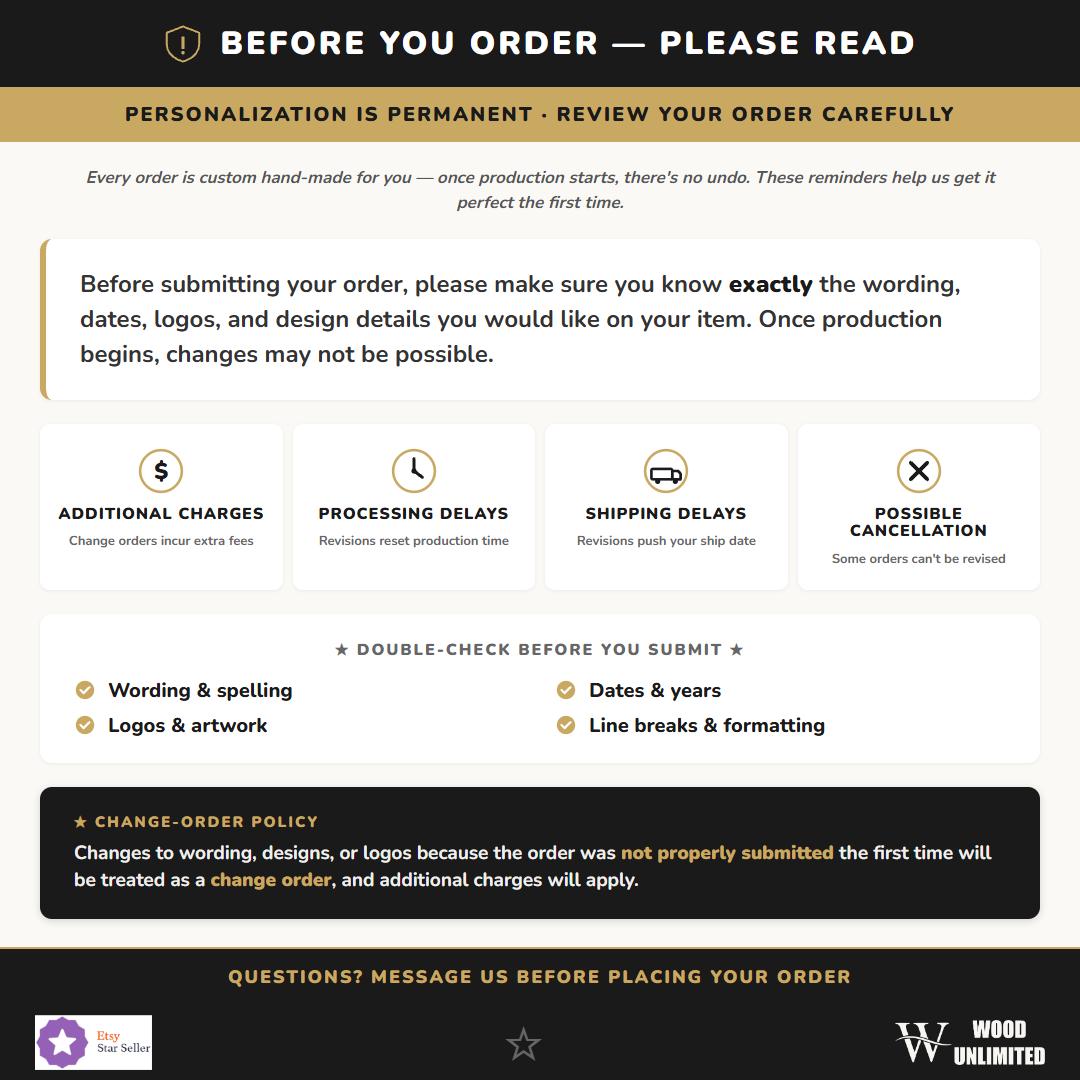 Before You Order — Please Review Personalization Carefully | Wood Unlimited