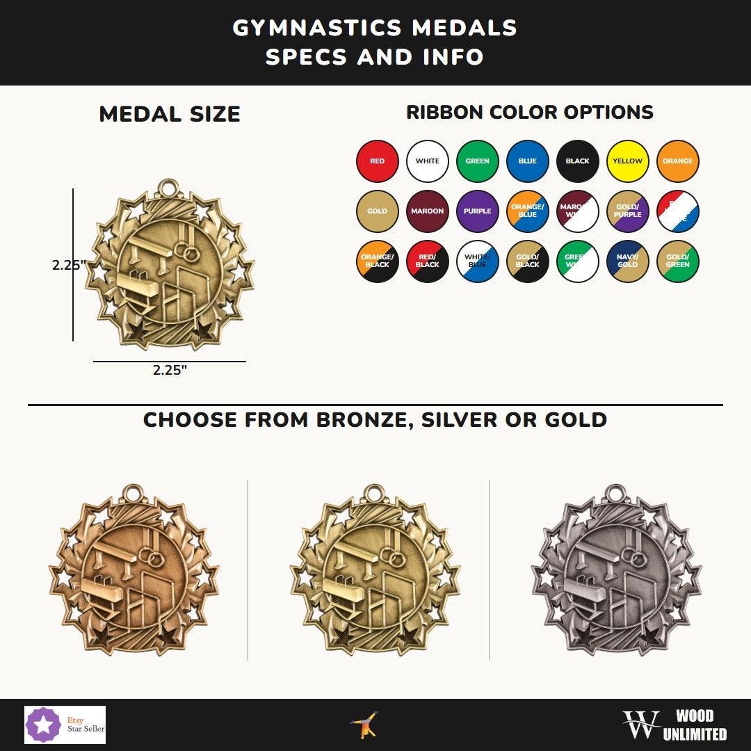 Close-up of custom engraved gymnastics medal showing personalized text and polished finish