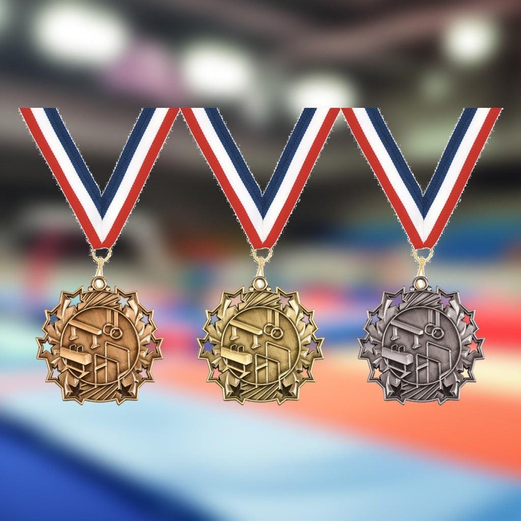 Personalized gymnastics medal in gold, silver, and bronze with custom engraved text and neck ribbon