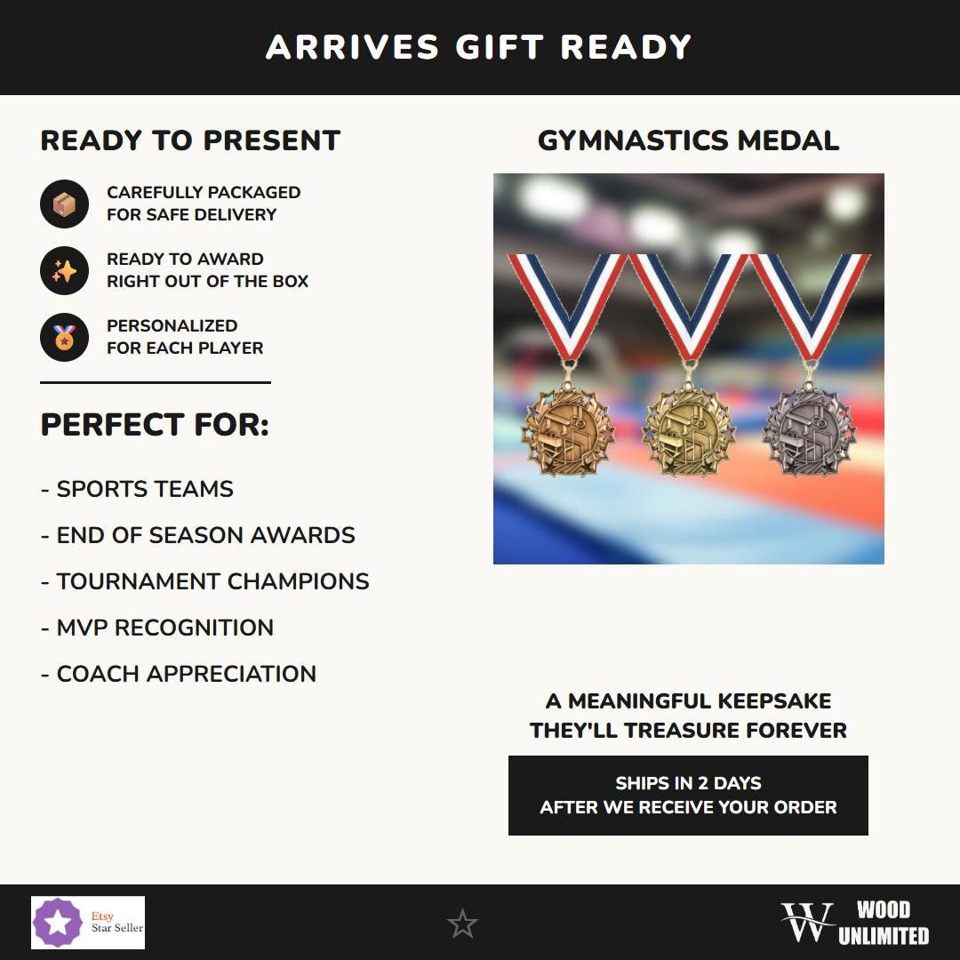 Personalized gymnastics medal in gold, silver, and bronze with custom engraved text and neck ribbon