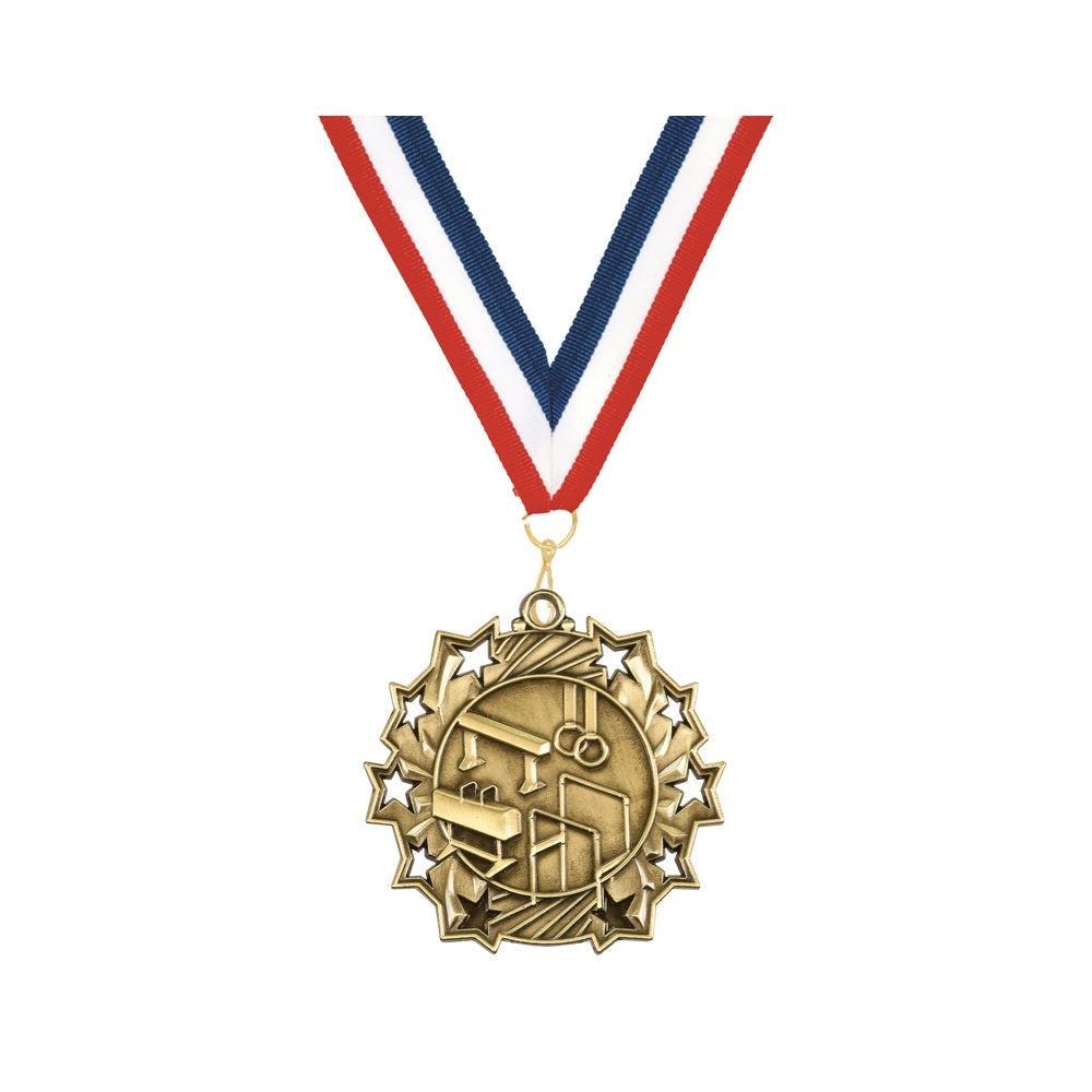 Gymnastics medal specifications showing size, material, ribbon colors, and engraving options