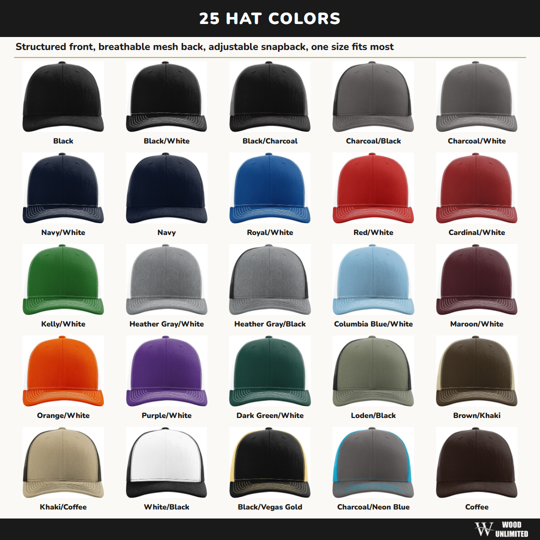 all 25 richardson 112 hat colors for a team hat with engraved patch