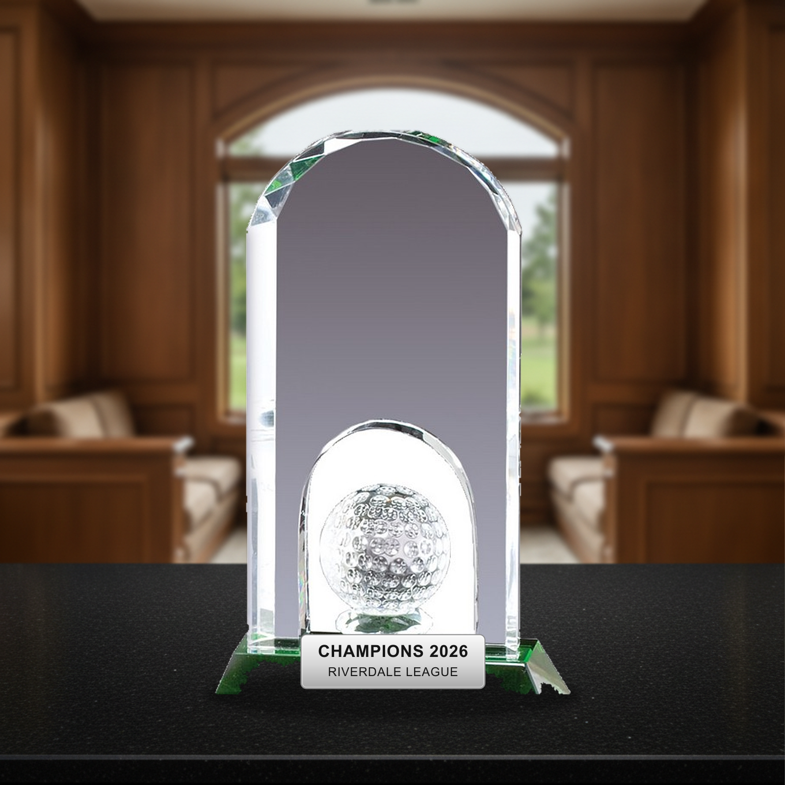 Personalized Crystal Golf Award crystal award on a warm executive desk with a green banker's lamp, engraved corporate recognition and retirement gift