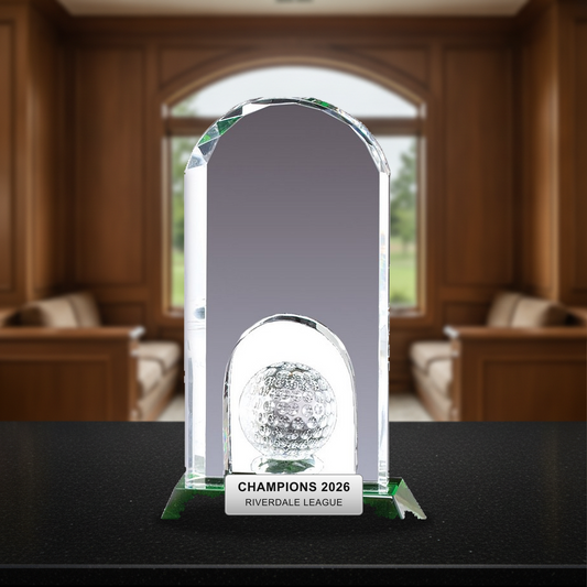 Personalized Crystal Golf Award crystal award on a warm executive desk with a green banker's lamp, engraved corporate recognition and retirement gift