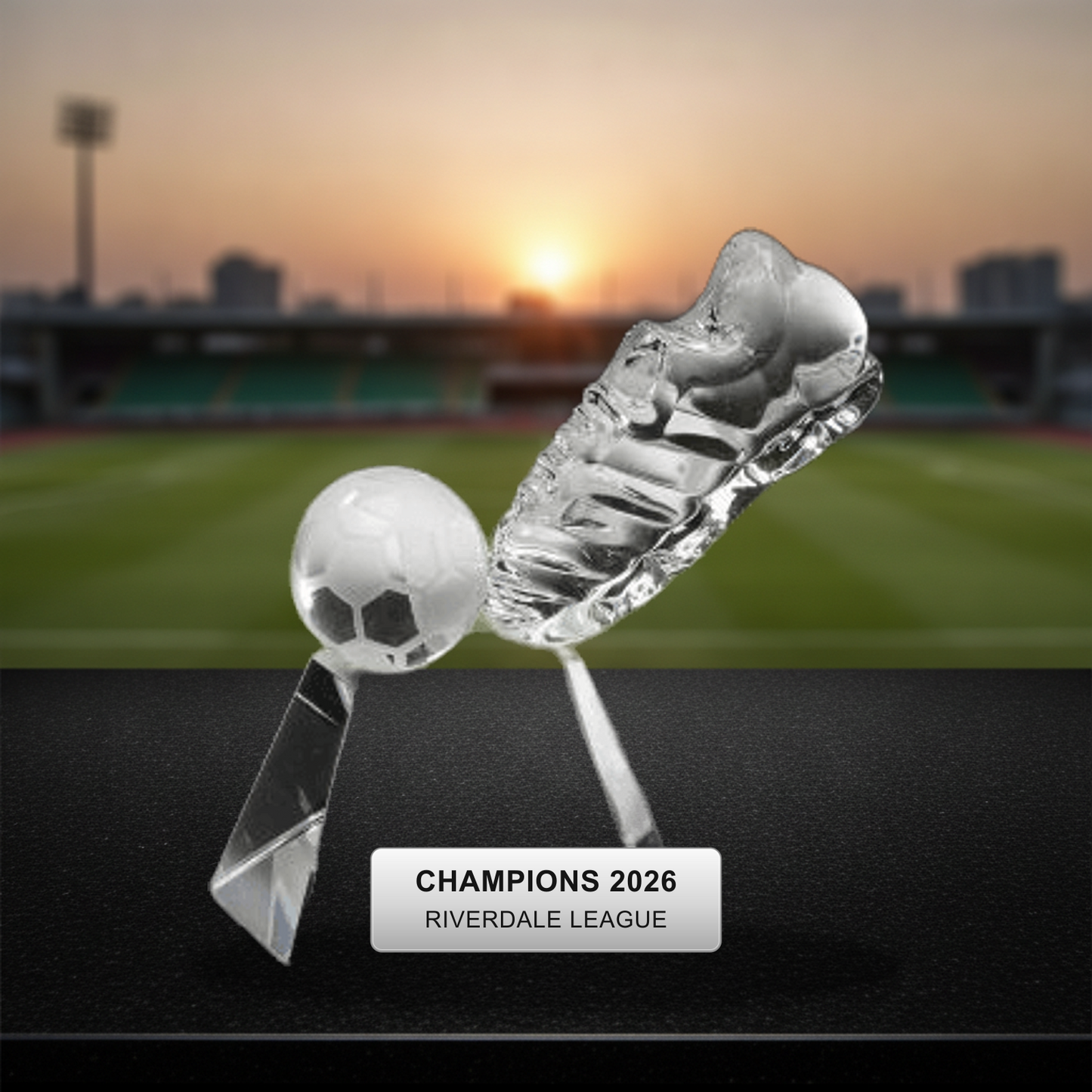 Personalized Crystal Soccer Trophy crystal award on a warm executive desk with a green banker's lamp, engraved corporate recognition and retirement gift