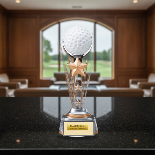 Personalized Full Color Golf Award resin award on a warm executive desk with a green banker's lamp, engraved corporate recognition and retirement gift