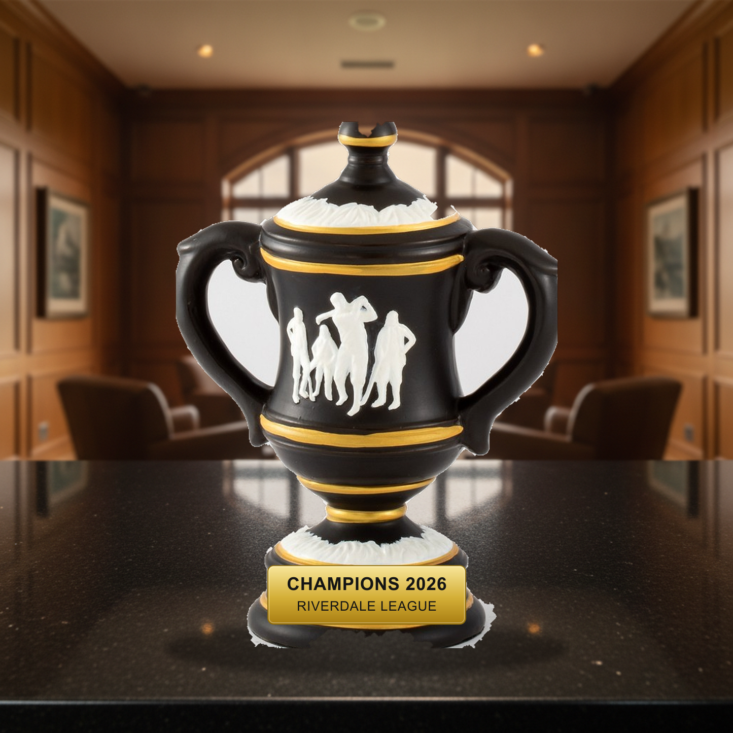 Personalized Ceramic Golf Cup cup trophy on a warm executive desk with a green banker's lamp, engraved corporate recognition and retirement gift