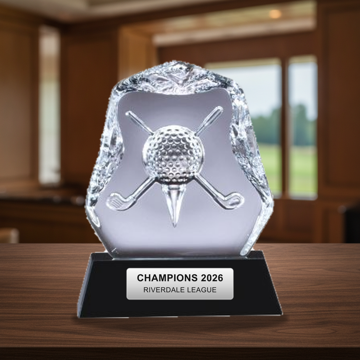 Personalized Crystal Golf Club With Ball Award crystal award on a warm executive desk with a green banker's lamp, engraved corporate recognition and retirement gift