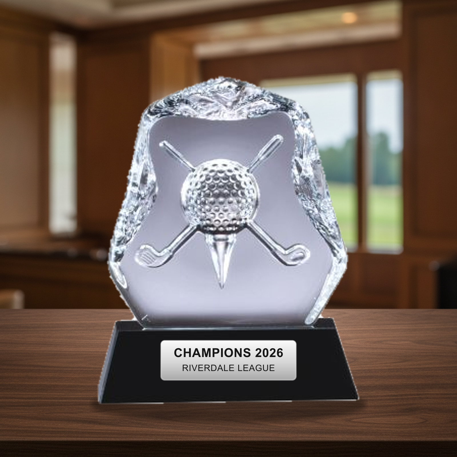 Personalized Crystal Golf Club With Ball Award crystal award on a warm executive desk with a green banker's lamp, engraved corporate recognition and retirement gift