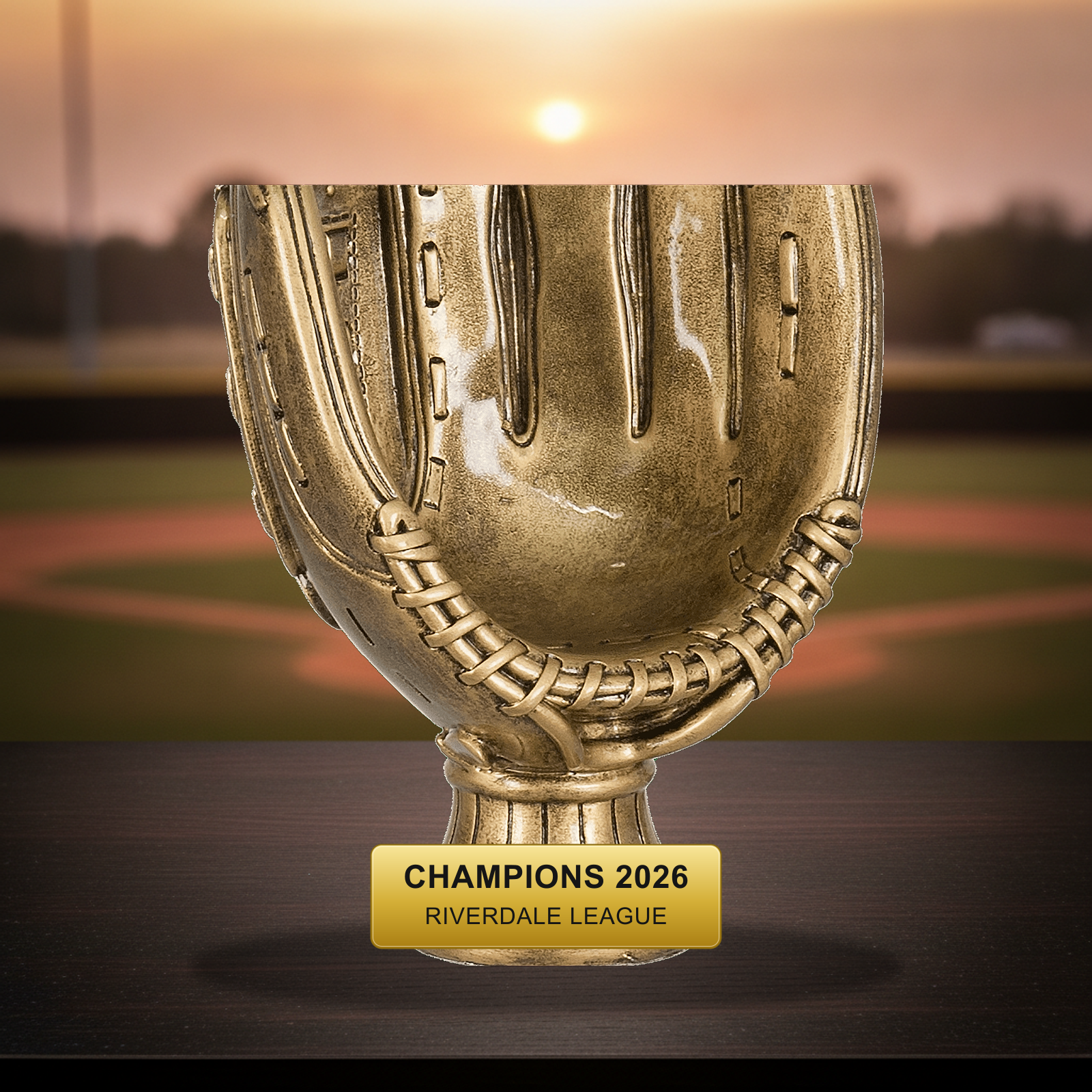 Personalized Softball Antique Metallic Resin Award resin award on a warm executive desk with a green banker's lamp, engraved corporate recognition and retirement gift