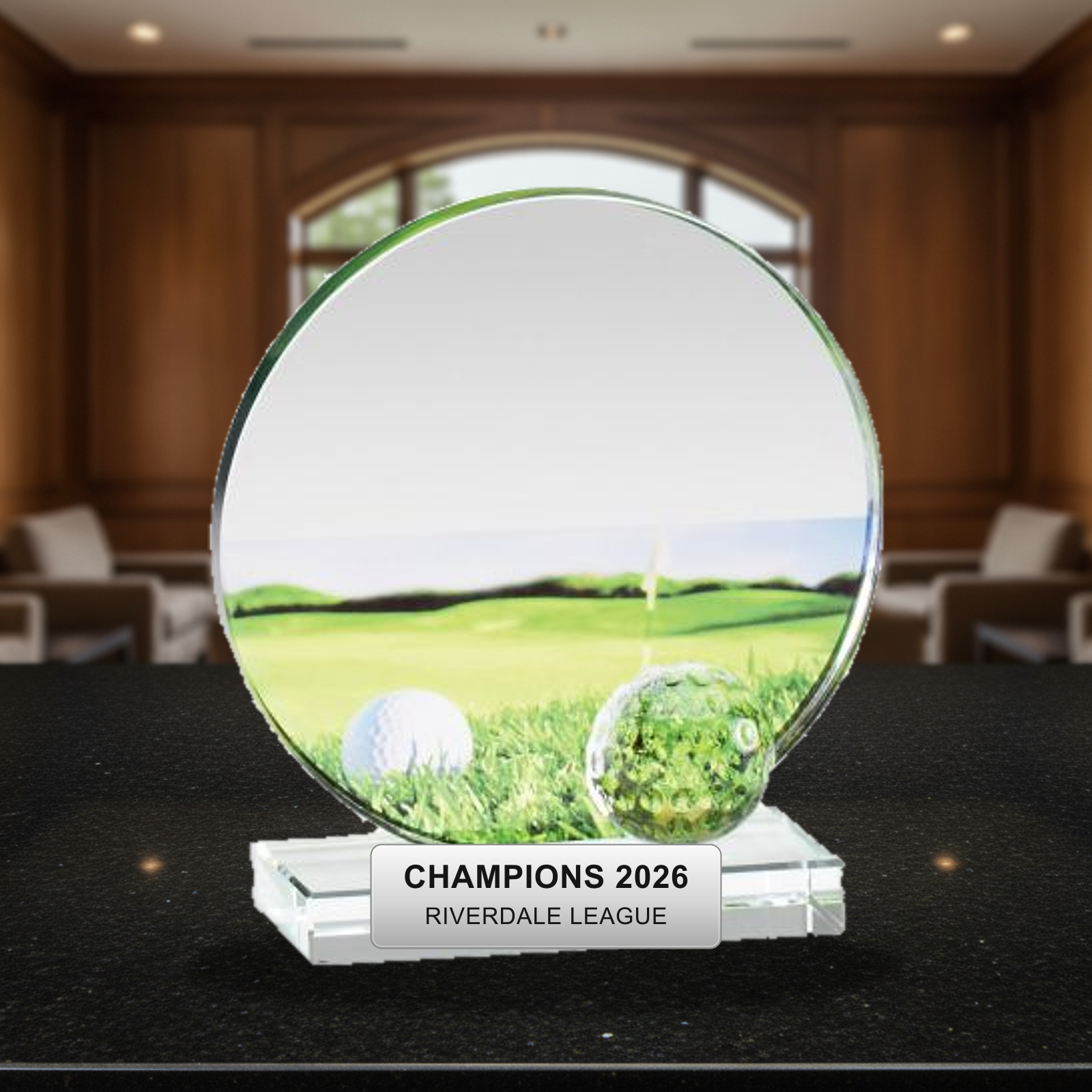 Personalized Glass Golf Award crystal award on a warm executive desk with a green banker's lamp, engraved corporate recognition and retirement gift