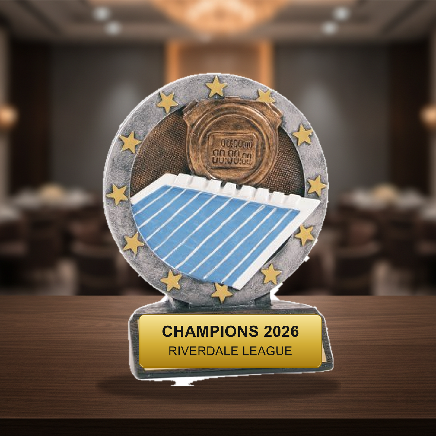 Personalized Swimming All Star Resin Award resin award on a warm executive desk with a green banker's lamp, engraved corporate recognition and retirement gift