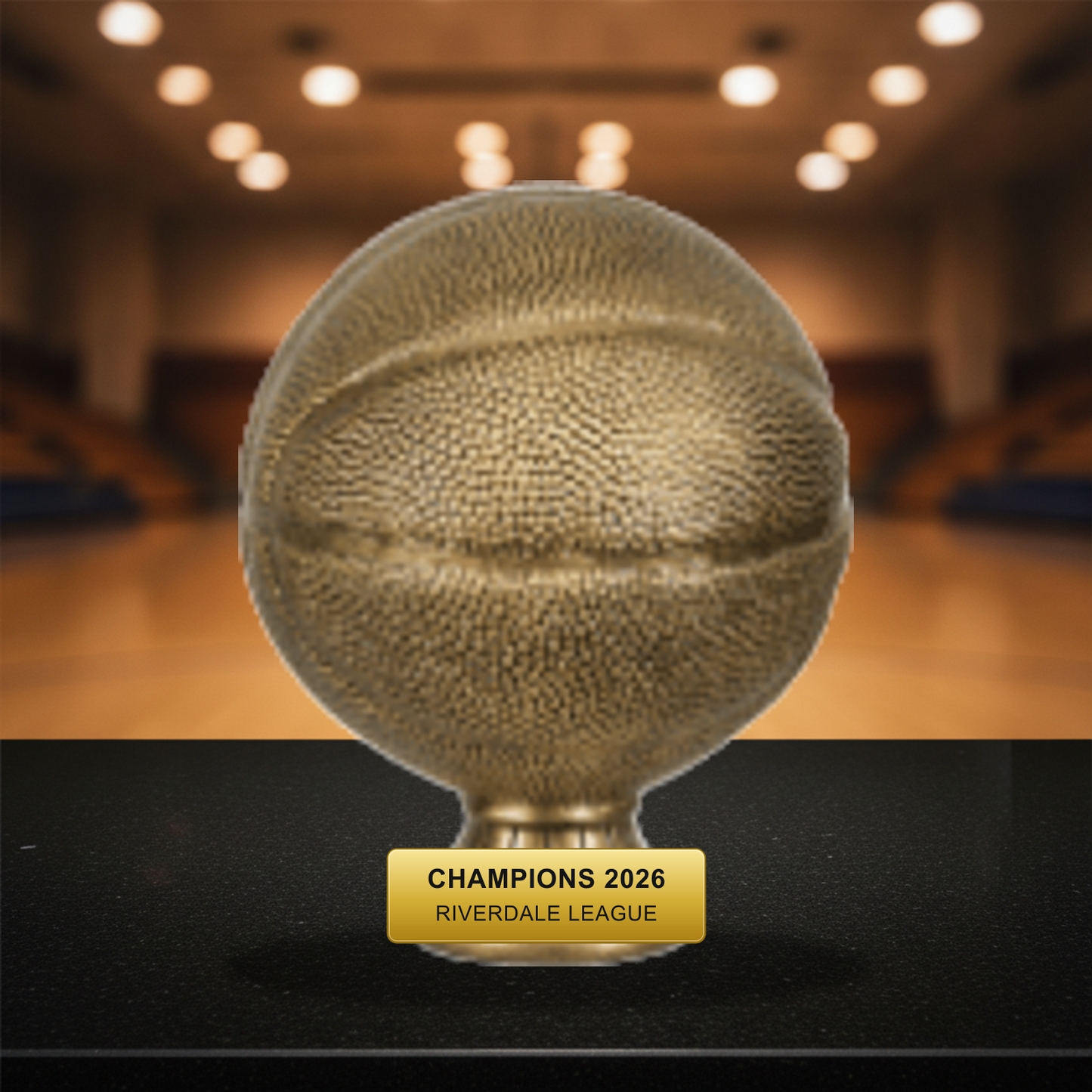 Personalized Basketball Antique Metallic Resin Award resin award on a warm executive desk with a green banker's lamp, engraved corporate recognition and retirement gift