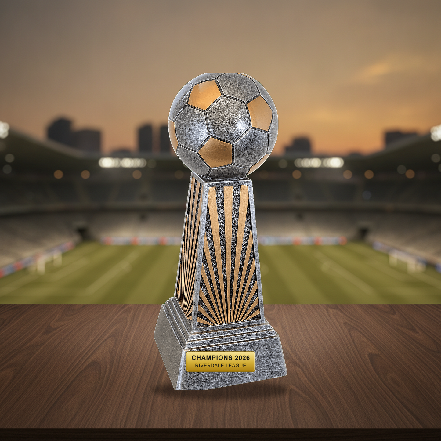 Personalized Soccer Imperial Resin Award resin award on a warm executive desk with a green banker's lamp, engraved corporate recognition and retirement gift