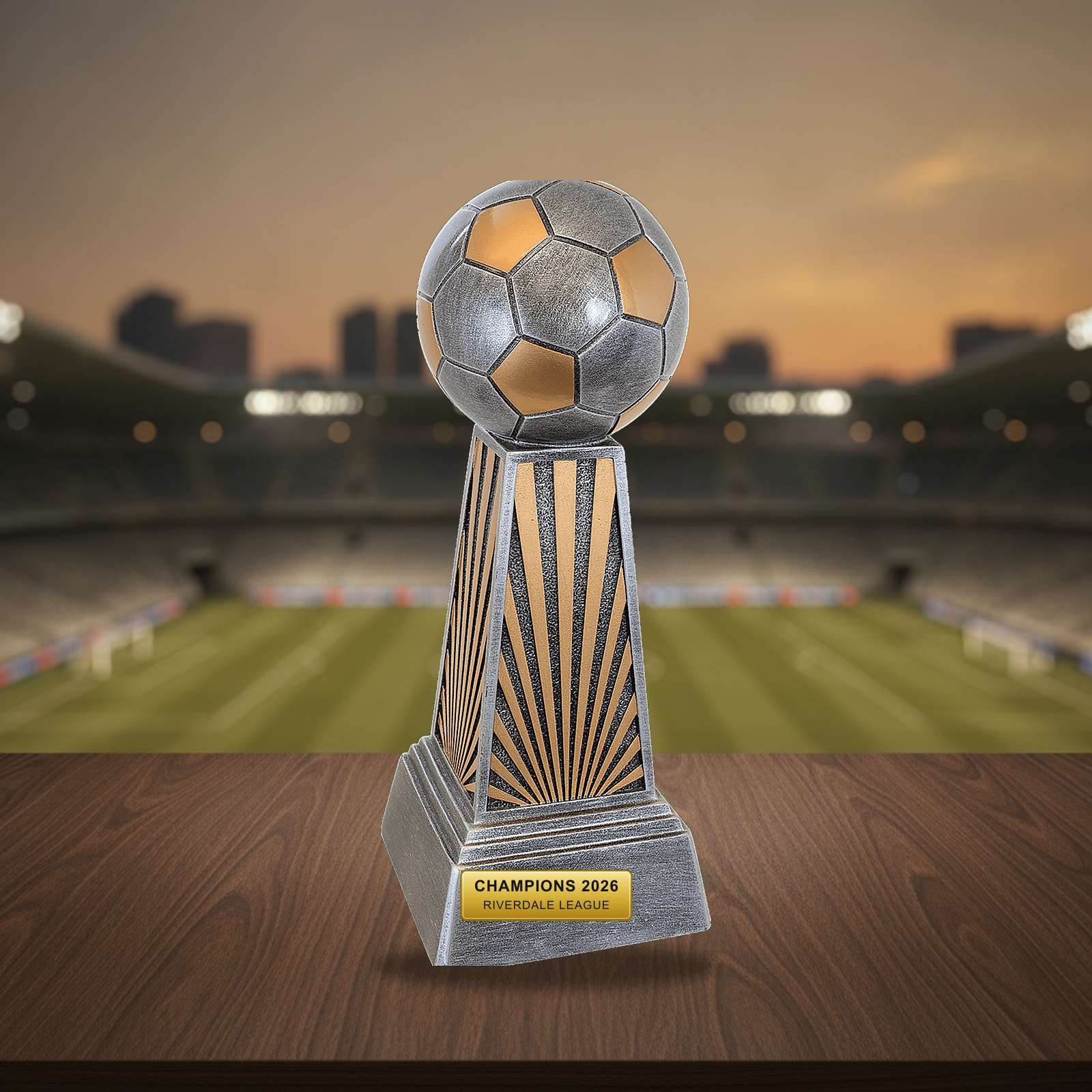 Personalized Soccer Imperial Resin Award resin award on a warm executive desk with a green banker's lamp, engraved corporate recognition and retirement gift