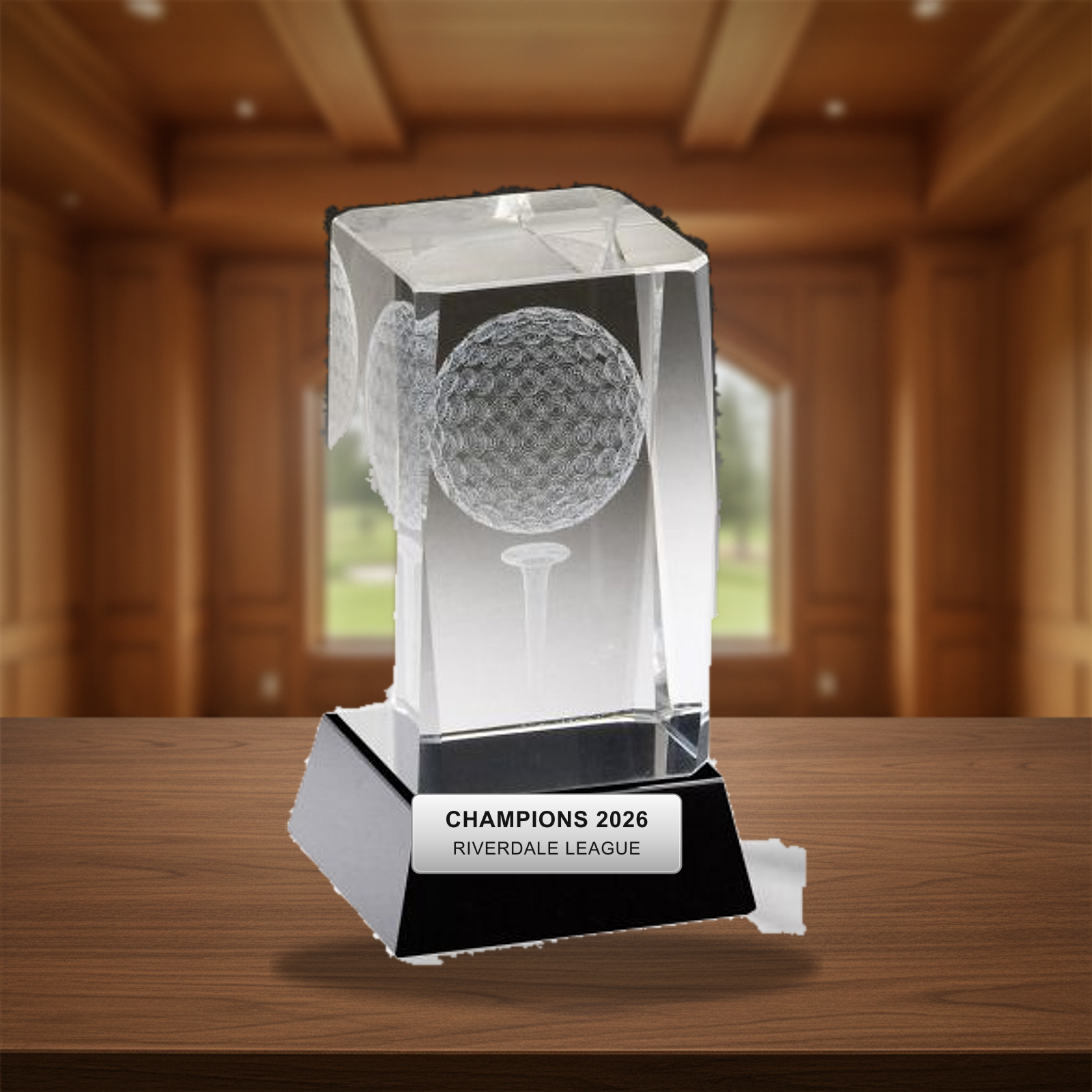 Personalized Crystal Golf With Black Base Award crystal award on a warm executive desk with a green banker's lamp, engraved corporate recognition and retirement gift