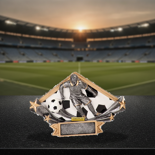 Personalized Soccer Resin Trophy Award resin award on a warm executive desk with a green banker's lamp, engraved corporate recognition and retirement gift
