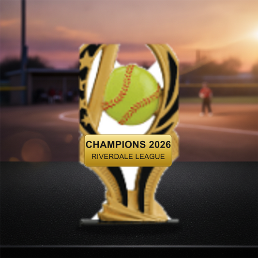 Personalized Softball Resin Trophy Award resin award on a warm executive desk with a green banker's lamp, engraved corporate recognition and retirement gift