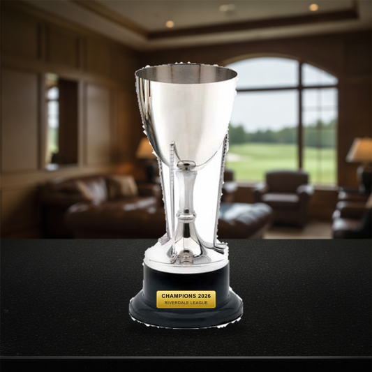 Personalized Golf Club Georgian Nickel Plated Cup cup trophy on a warm executive desk with a green banker's lamp, engraved corporate recognition and retirement gift