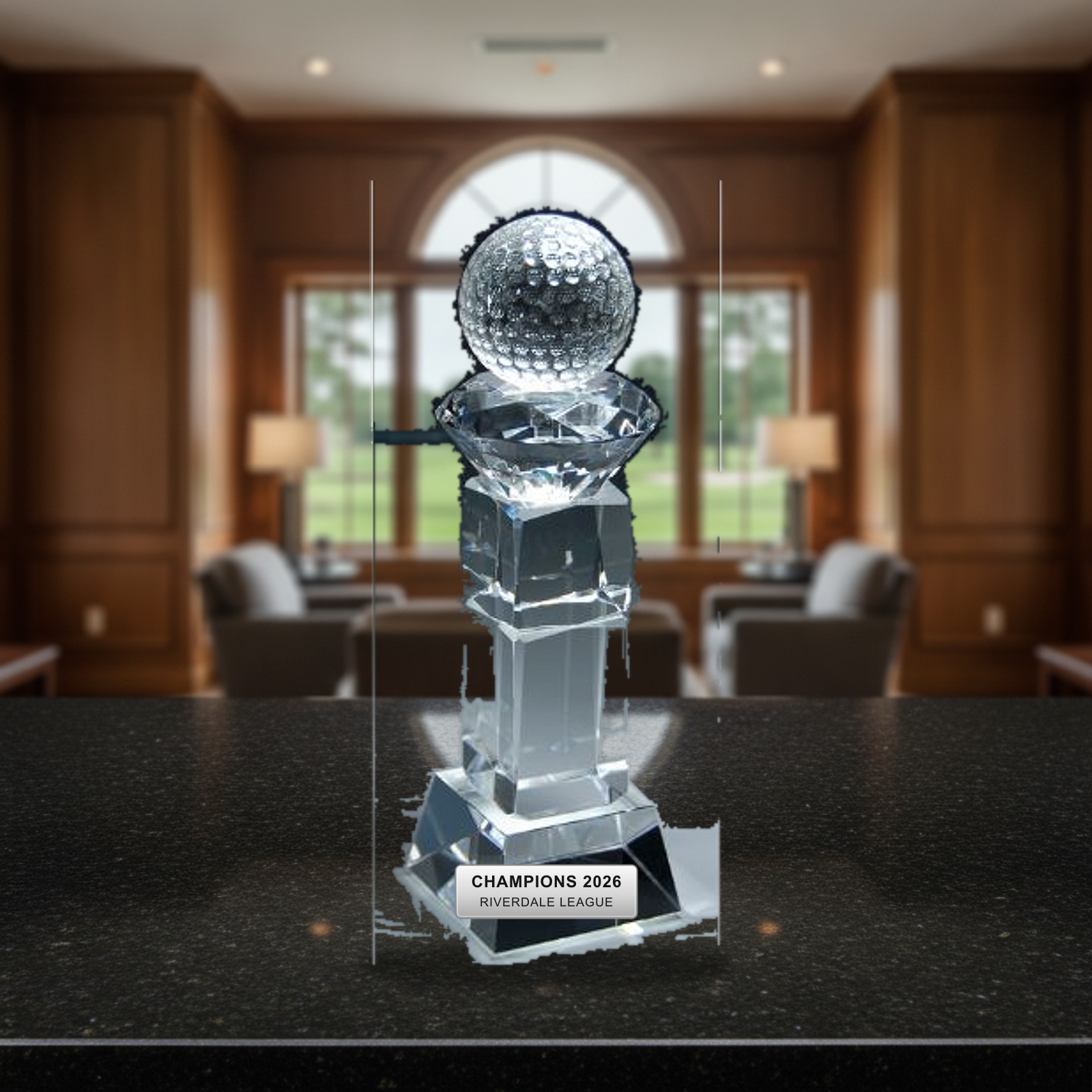 Personalized Crystal Golf Ball With Slant Base Award crystal award on a warm executive desk with a green banker's lamp, engraved corporate recognition and retirement gift