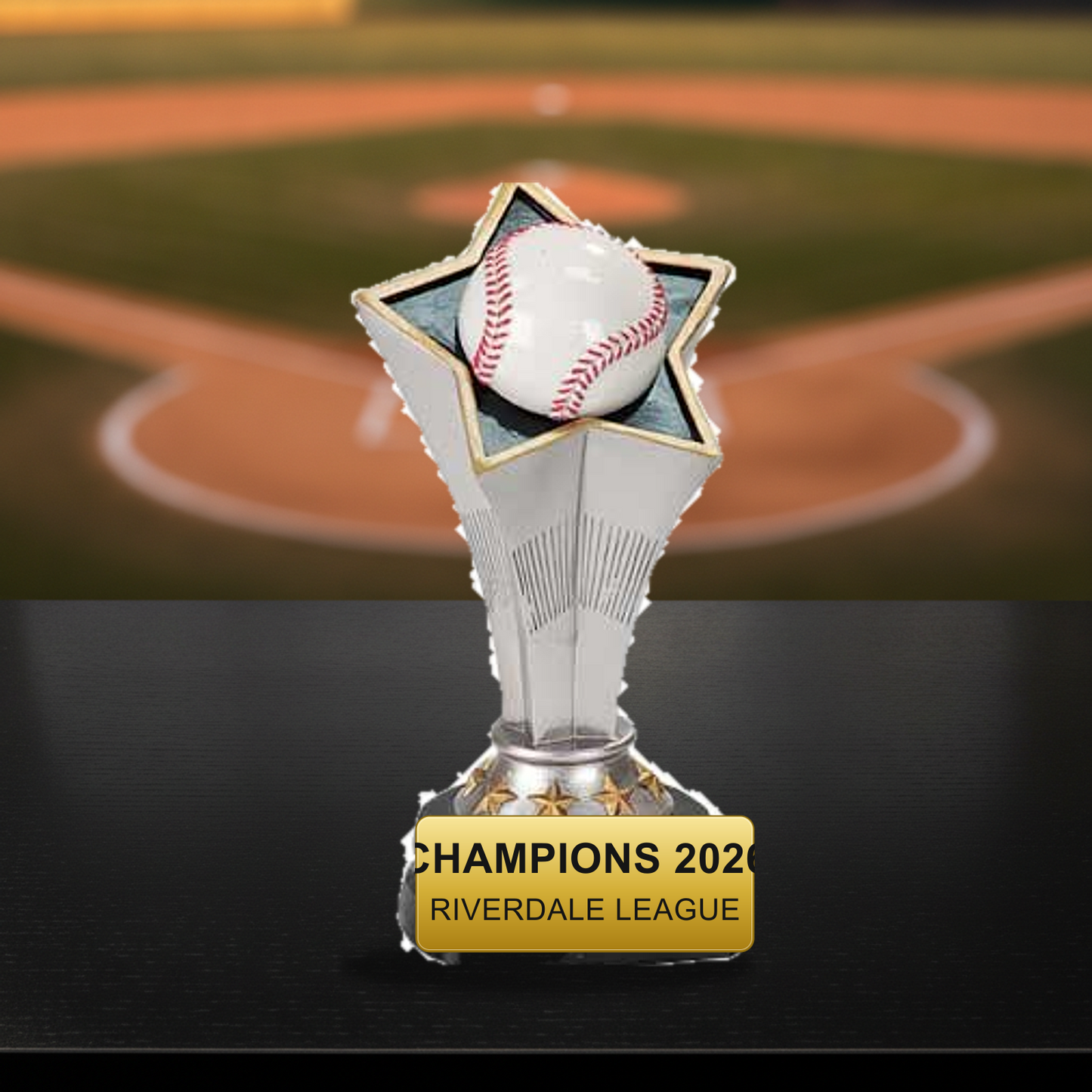 Personalized Baseball Rising Star Resin Award resin award on a warm executive desk with a green banker's lamp, engraved corporate recognition and retirement gift
