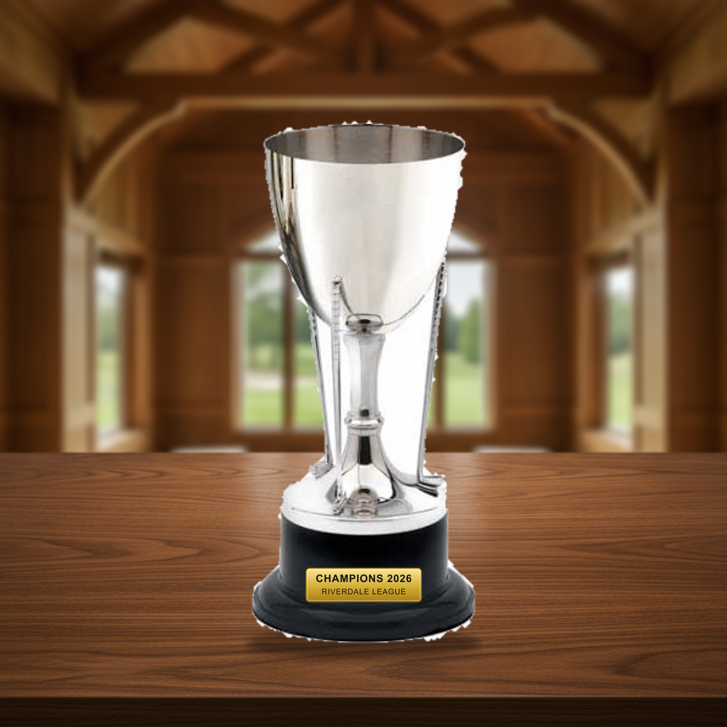 Personalized Golf Cup On Stand Nickel Plated cup trophy on a warm executive desk with a green banker's lamp, engraved corporate recognition and retirement gift
