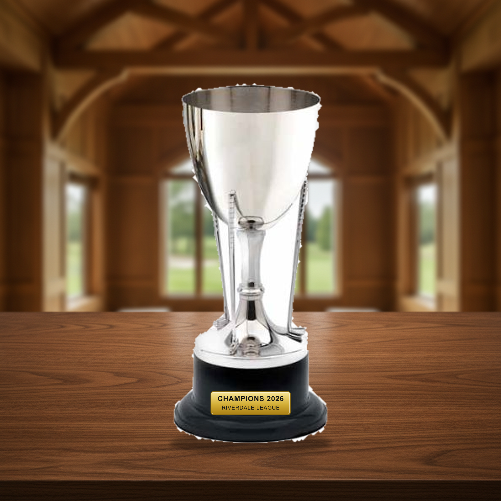 Personalized Golf Cup On Stand Nickel Plated cup trophy on a warm executive desk with a green banker's lamp, engraved corporate recognition and retirement gift