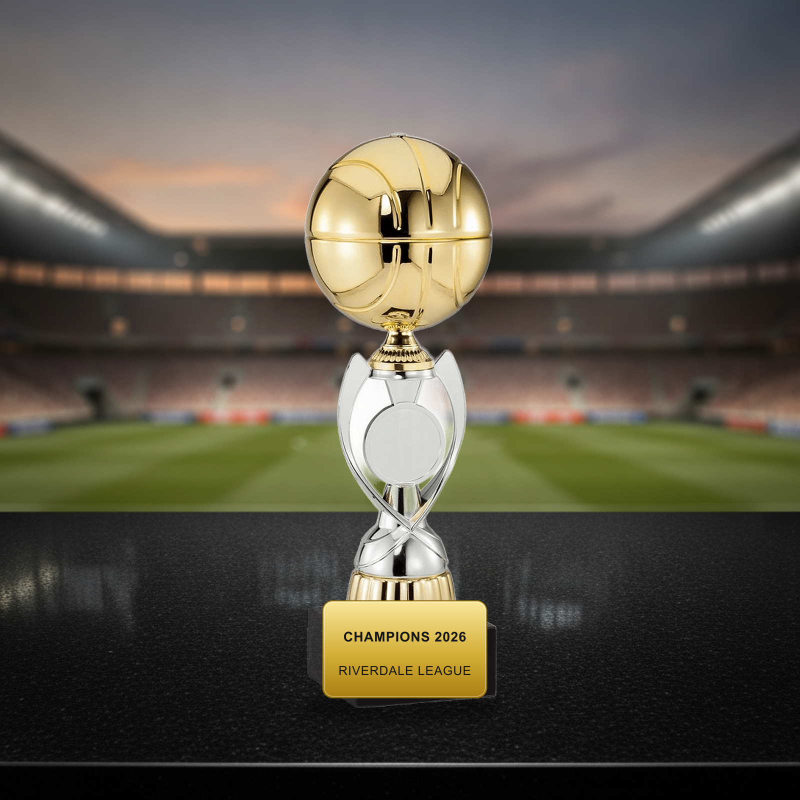 Personalized Soccer Assembled Cup resin award on a warm executive desk with a green banker's lamp, engraved corporate recognition and retirement gift