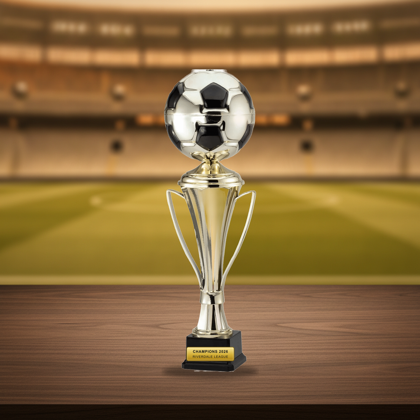 Personalized Gold Cup With Soccer Ball On Elegant Black Synthetic Base cup trophy on a warm executive desk with a green banker's lamp, engraved corporate recognition and retirement gift