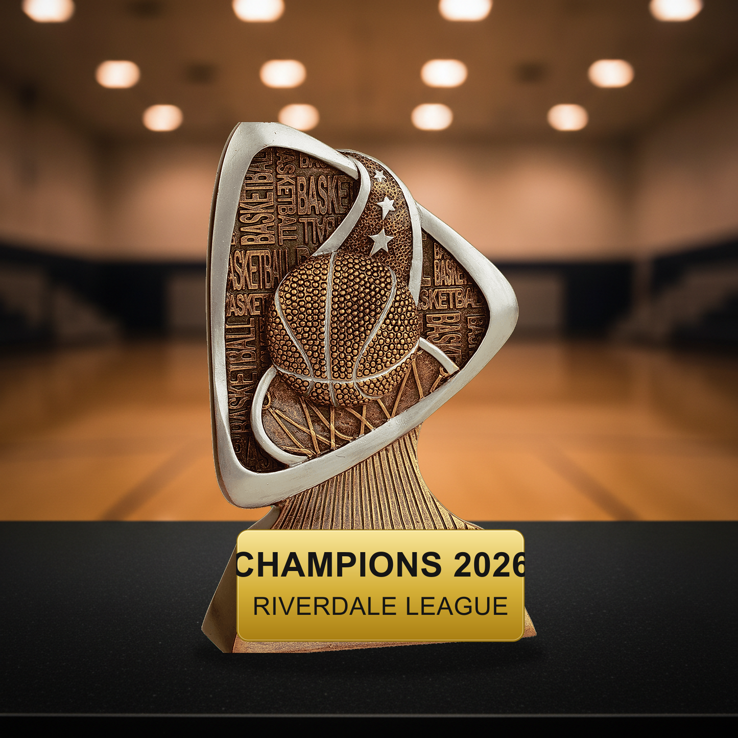 Personalized Basketball Triad Resin Award resin award on a warm executive desk with a green banker's lamp, engraved corporate recognition and retirement gift